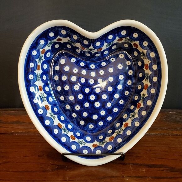 Polish Pottery Mosquito Heart Shape Plate Blue White - Picture 1 of 5